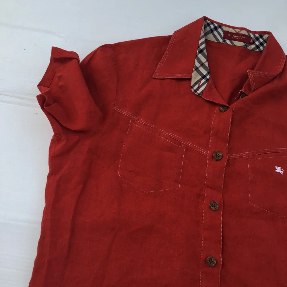 Burberry London Red 100% Linen Short Sleeve Button Down Shirt Nova Check Trim 46